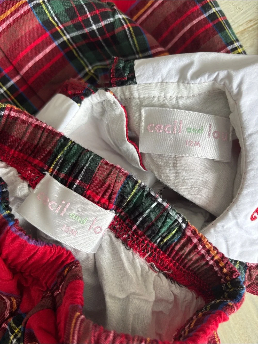 Cecil & Lou Red Holiday Plaid Collared Top & Pants Monogram